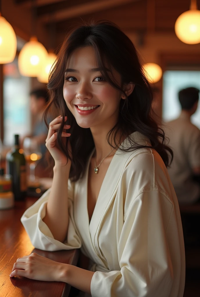 20-year-old female, Gentle and cute, A kind smile, A slightly see-through white blouse, (whole body像), Cleavage, A crowded bar, Cinema lighting, Natural light, whole body, RAW Photos, Genuine, Artistic, (High level of artistry), High quality that is indistinguishable from real life, realism, Real Stick, High resolution, masterpiece