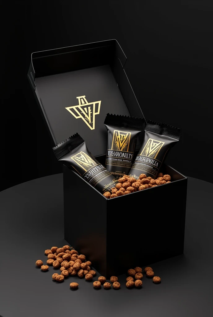 Create an open black box, inside it, place cereal bars with black and gold packaging, written Villania in the font (saloon). Put another logo with (2 V)