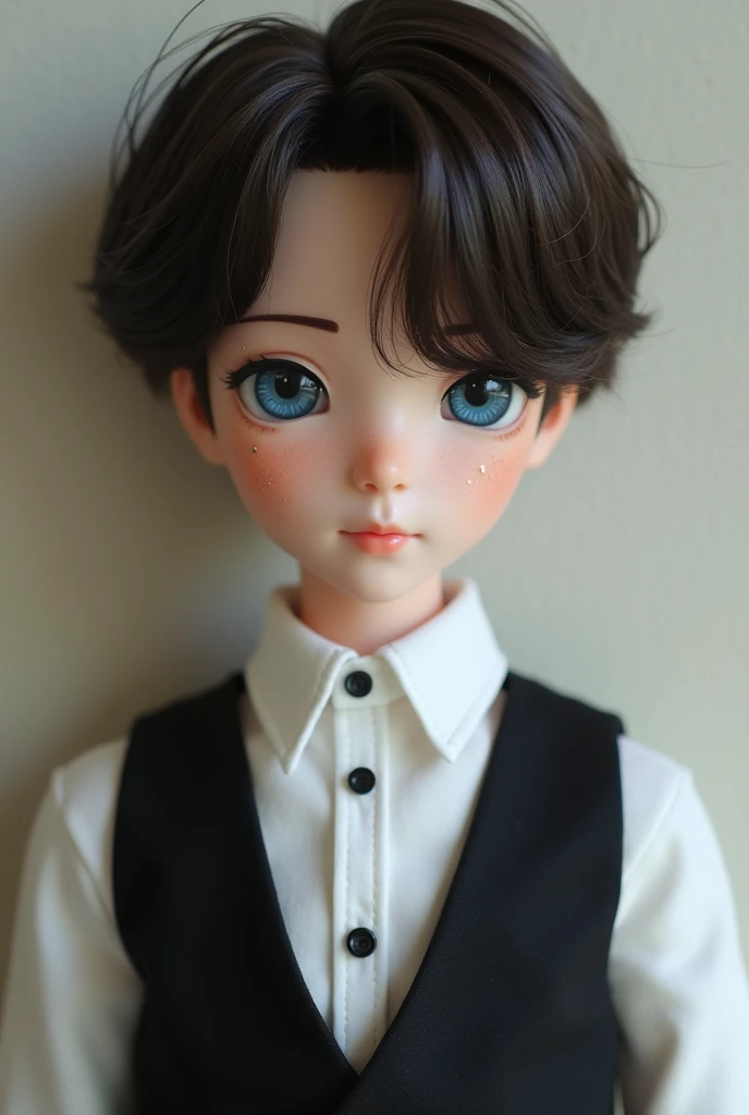 Cartoon anime male porcelain doll age 25, he is life like. He has dark brown hair, bright blue eyes and is wearing a white suit top, black vest and pants, he has a
Neutral expression with golden freckles.