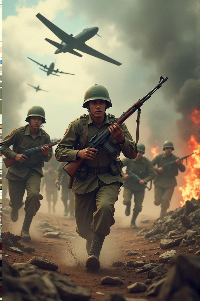 create a realistic picture of Indonesian freedom fighters running with rifles, behind them there are destroyed tanks, there are fighter planes above them that are bombing. There were many fighters behind him.
