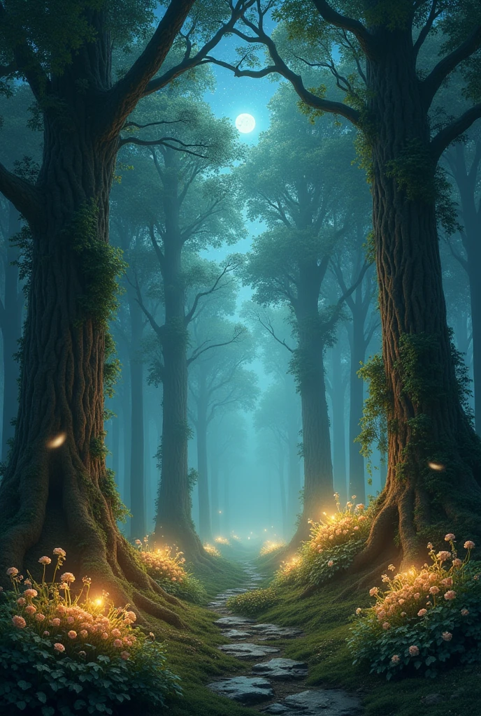 Enchanted forest with flowers and starry sky

