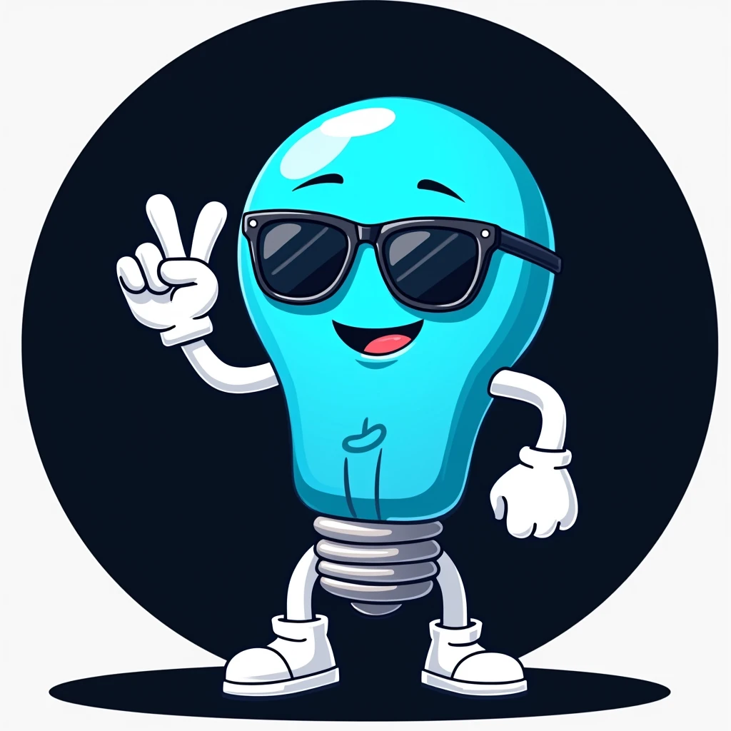 Blue cartoon light bulb wearing sunglasses, with white arms and legs, In his hands he has white gloves, makes the loser sign with one hand, He is smiling, In the background there is a flat black color, Mascot illustration, toonix character, cartoon vector style, dancing character, telegram label design, Black and cyan color scheme, simple cartoon style, tendency in dribbling.pet com, cold face, 2D flat vector art