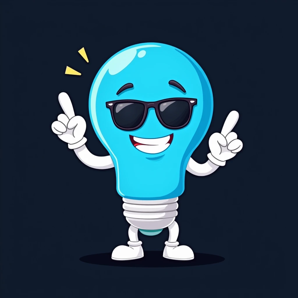 Blue cartoon light bulb wearing sunglasses, with white arms and legs, In his hands he has white gloves, makes the loser sign with one hand, He is smiling, In the background there is a flat black color, Mascot illustration, toonix character, cartoon vector style, dancing character, telegram label design, Black and cyan color scheme, simple cartoon style, tendency in dribbling.pet com, cold face, 2D flat vector art