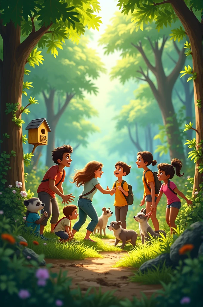 A montage scene showing the community planting trees, building birdhouses, and enjoying the forest together. Diverse characters work together, smiling and laughing, with a sense of camaraderie. The forest is vibrant and alive, filled with hope Disney inspired characters