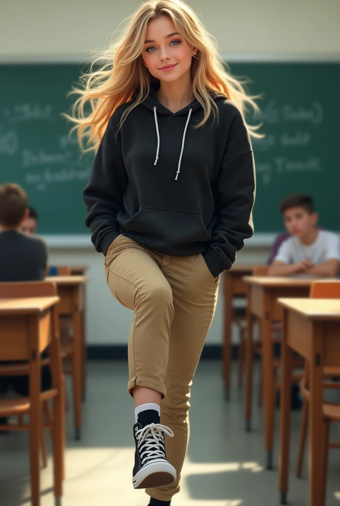 High school white girl, blonde hair, blue eyes, butt, tight khaki pants, black high top converse shoes, black hoodie, white socks, one leg kicking in the air towards the camera, classroom background, full body.
