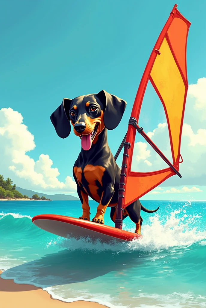 Illustration of a harlequin dachshund windsurfing