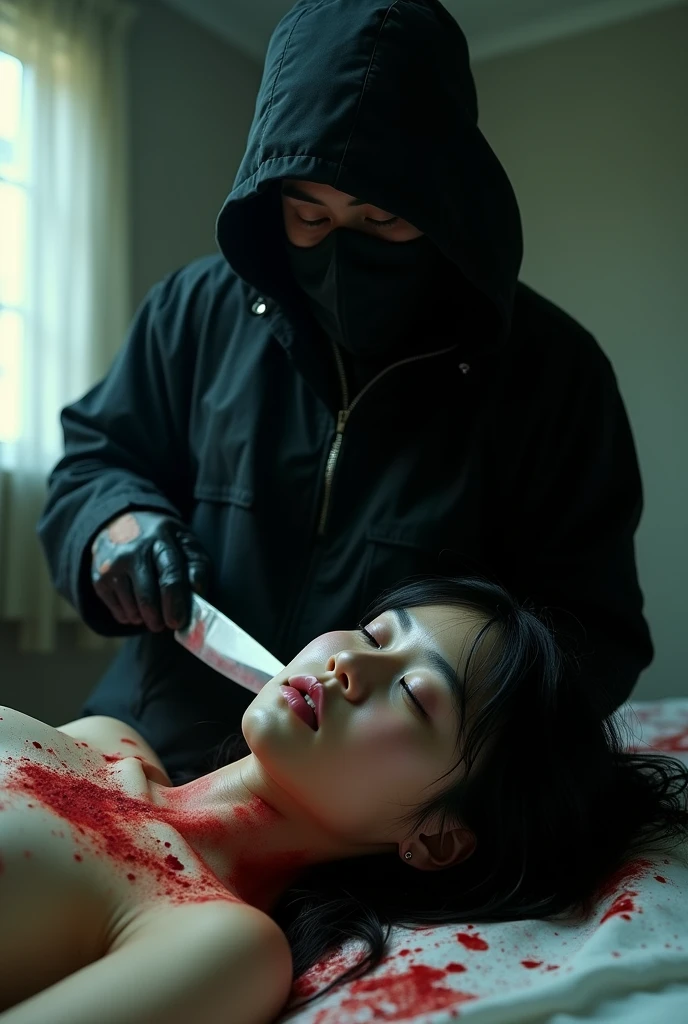 korean girl, (behind naked corpse, holding knife), balaclava, leather gloves, room full of blood, black raincoat, holding knife, leather gloves, woman on top, behind corpse, blood splatter, on the bed, mass murderer, killer, blood splatter, dark atmosphere, cinematic lighting, atmospheric realistic, light from the window, close-up,