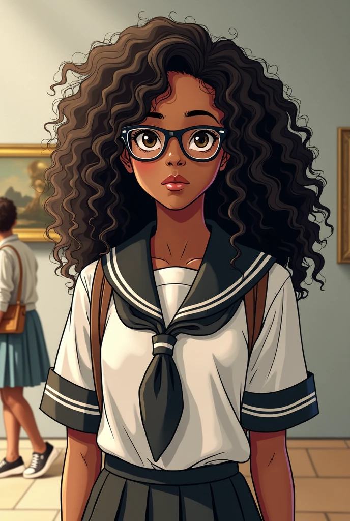 A -yeld Brlian girl in a museum, wearing a school uniform, with glasses and dark, curly hair, skin black ,as in comic book drawing
