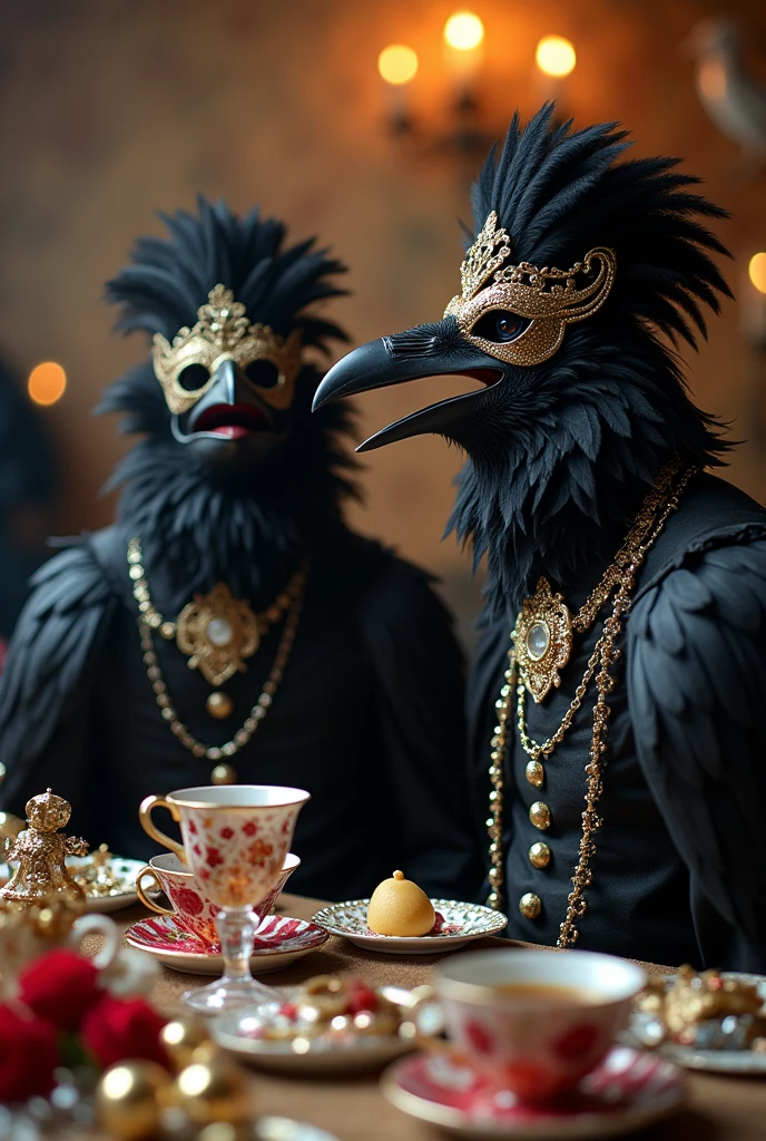 Happy and frolicing crows and ravens dressed like people at A really wild and crazy masquerade tea party adorned with copious amounts of shining jewlery and tons of trinkets and baubles piled on the table, Gothic, laughter, party, raven, feathers, black, revelry, dancing, large gathering, anthropomorphic, exciting