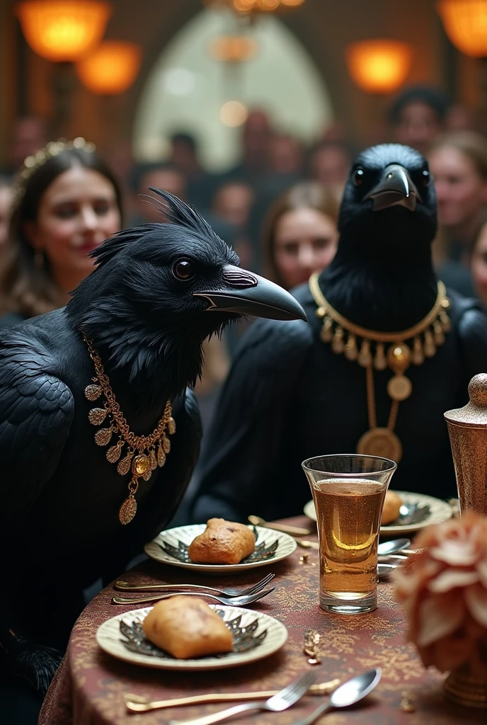 Happy and frolicing crows and ravens dressed like people at A really wild and crazy masquerade tea party adorned with copious amounts of shining jewlery and tons of trinkets and baubles piled on the table, Gothic, laughter, party, raven, feathers, black, revelry, dancing, large gathering, anthropomorphic, exciting