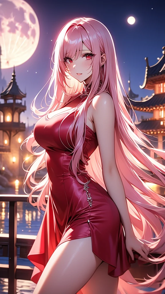 Long pink hair, red eyes, y short dress, large breoon castle