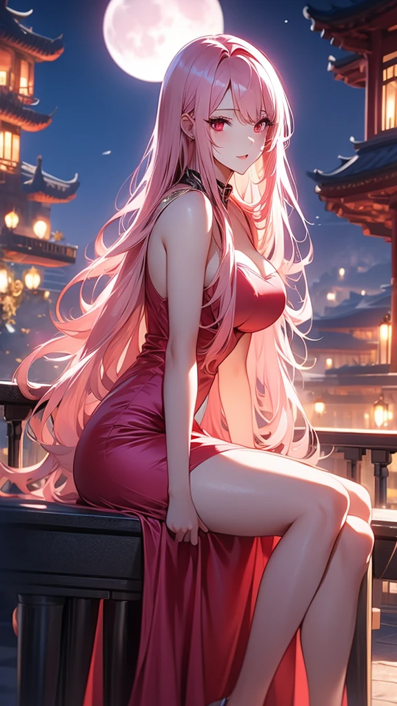 Long pink hair, red eyes, sexy short dress, large breasts, moon castle