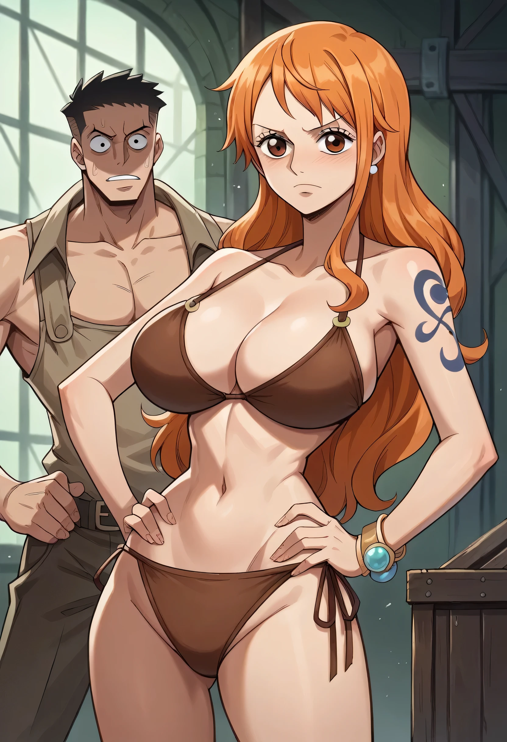 Masterpiece, best quality, Masterpiece, best quality, 1 woman, Nami , long orange hair , sly face , brown bikini , big breasts , abdomen , Put your hands on your hips.. , 1 guy , molest , abandoned factory