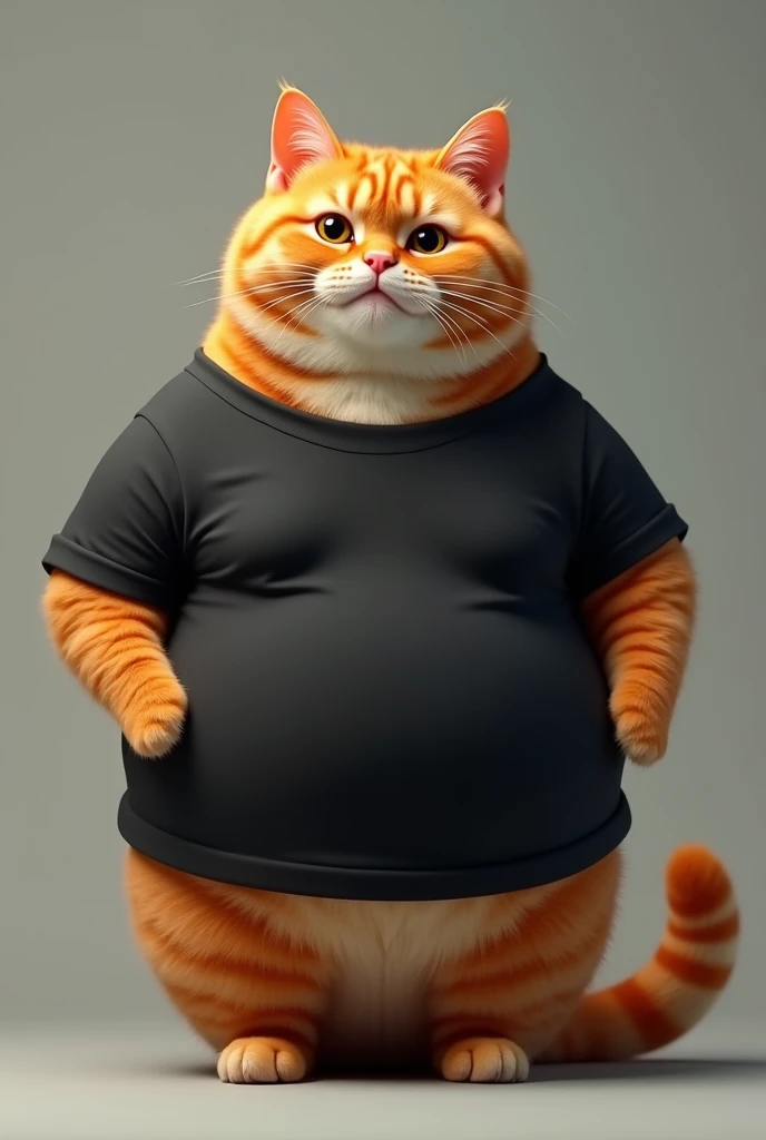 A fat ginger cat wearing black t shirt