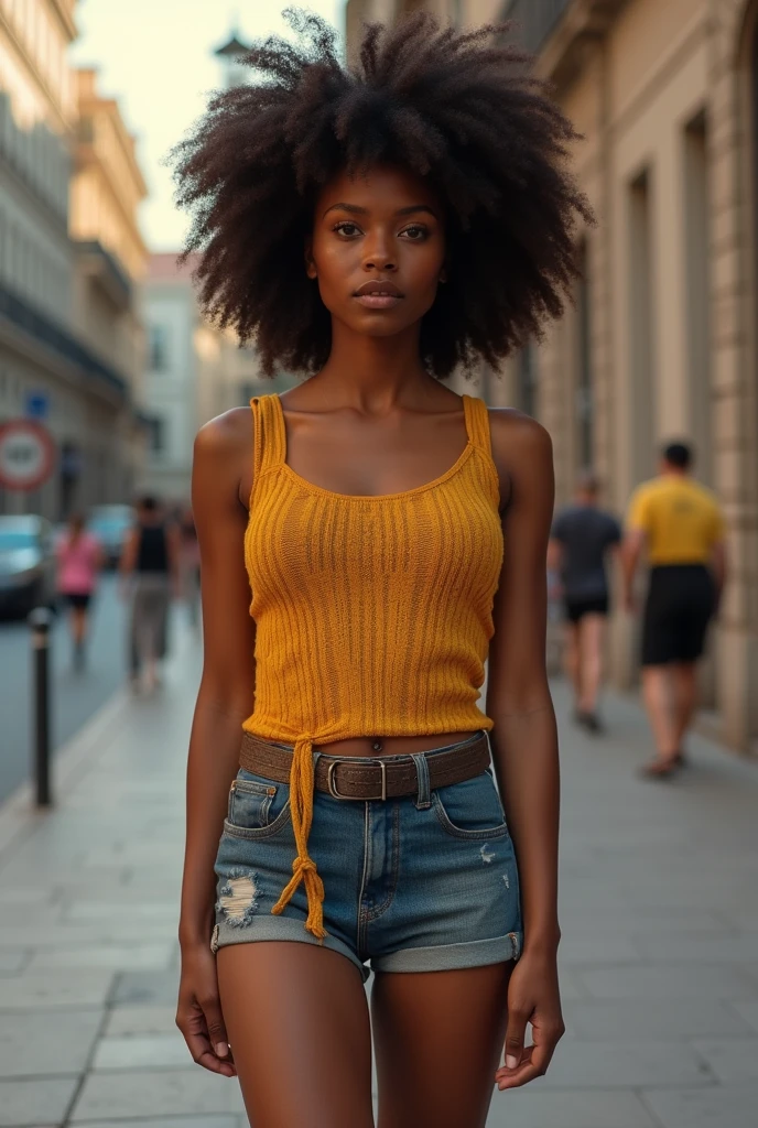 ((peau africaine foncée, Peau d&#39;ébène très profonde)), ((Sa beauté est indéniable)), ((mec excité mignon)), ((yeux parfaits hyper détaillés,)), ((pose mignonne)), ((Langue de sortie)), ((Séduisant )), Sexy, (( Chemise en tricot serré avec trous *quelques seins visibles*), shorts quadras Sexy)), ((Longue queue de cheval afro bouclée de cheveux africains,)), (( d&#39;abord)), ((debout, vue de face)), ((Touch your own legs in a Sexy pose)), ((En plein air, ville publique)), CGI bien ciblé, photoréaliste, Détails élevés, réaliste, partie maîtresse, Absurde, Meilleure qualité, HDR, haute qualité, haute définition, extrêmement détaillé, Fond d&#39;écran 8k, détails complexes, 8k euh, Full HD, (Photo réaliste:1.2), contraste, éclairage intense, Éclairage cinématique, éclairage naturel, Lumière forte, Éclairage vers le haut, illumination globale, occultation de l&#39;environnement