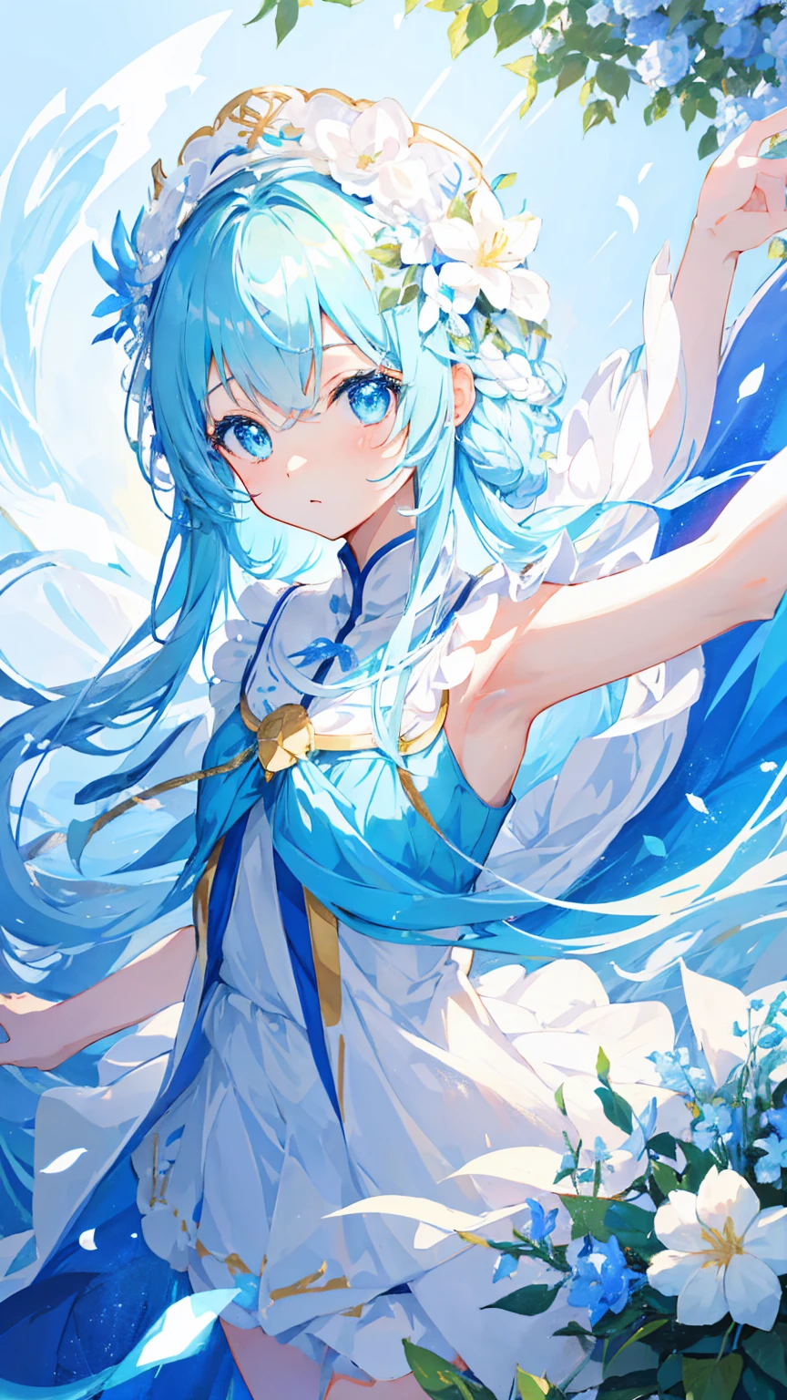 Anime Girl，light blue hair，White裙子，White，Flower headdress