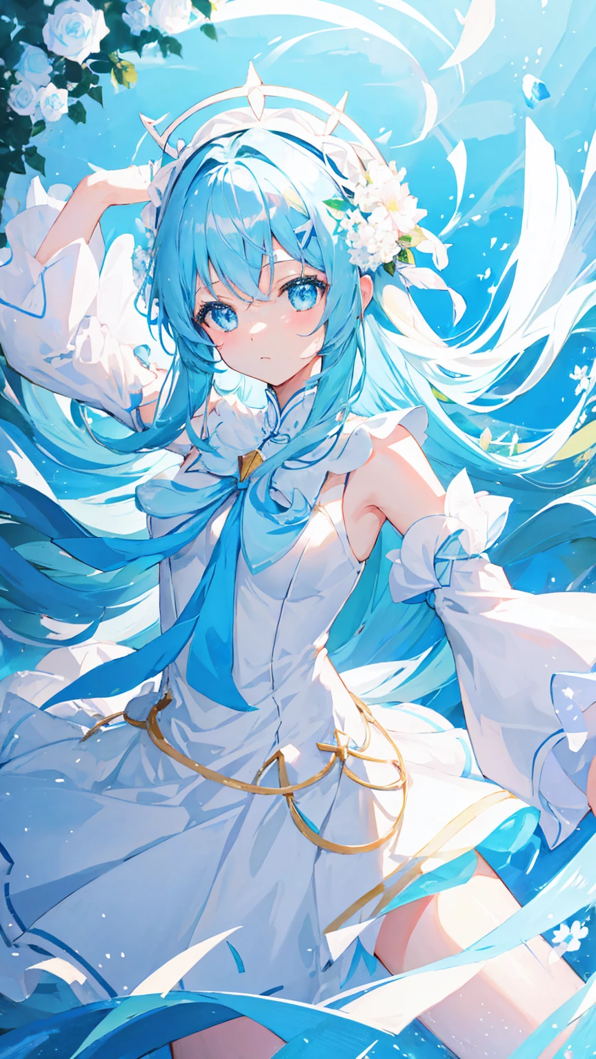 Anime Girl,light blue hair,White裙子,White,Flower headdress