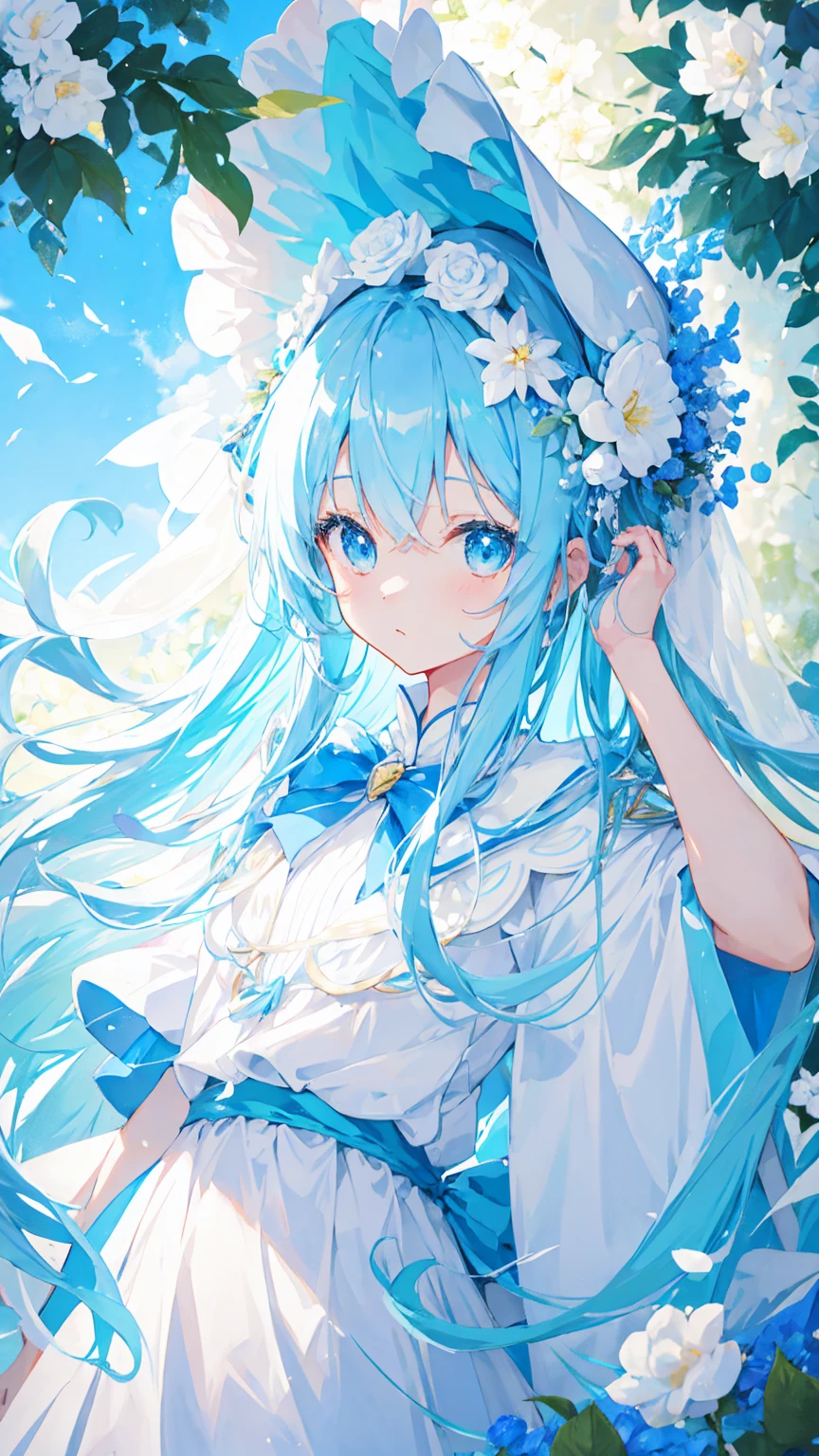 Anime Girl,light blue hair,White裙子,White,Flower headdress
