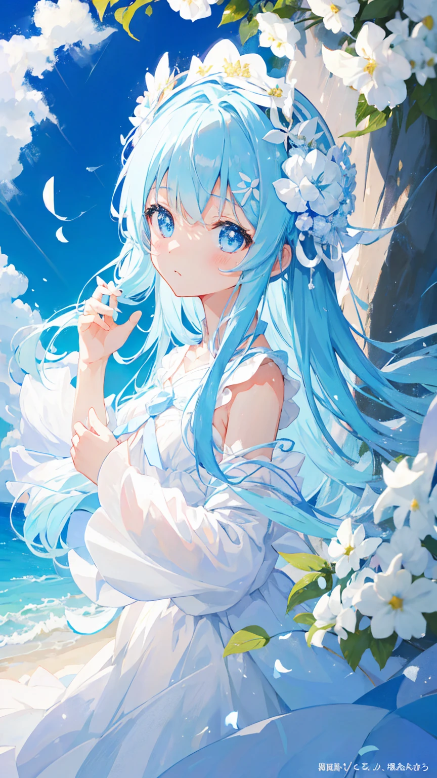 Anime Girl,light blue hair,White裙子,White,Flower headdress