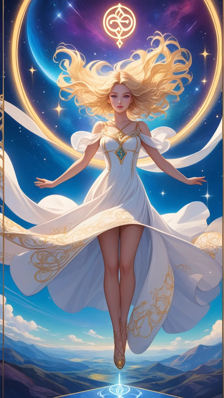 (masterpiece, best quality:1.2), intricate detailed tarot card illustration, tarot card, tarot card the word, 1woman, solo, blond hair goddess, white dress, floating in the sky, ((infinity symbol background)), cinematic lighting, dramatic shadows, vivid colors, rich color palette, surreal tarot card, mystical landscape, shimmering details, ornate patterns