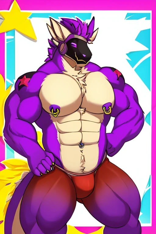 Yellow and purple dragon, muscular, with nipple piercings, red underwear with stars
