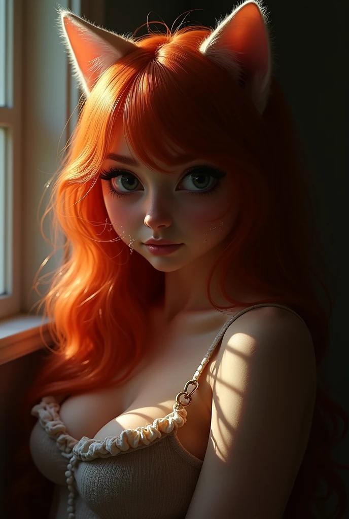 Best quality, masterpiece, Ultra-high resolution, (Realistically:1.5), RAW photos, 1 cat, cute, In the light, deep shadow, Low profile, Cold Light, sexy look,red long hair, big breasts