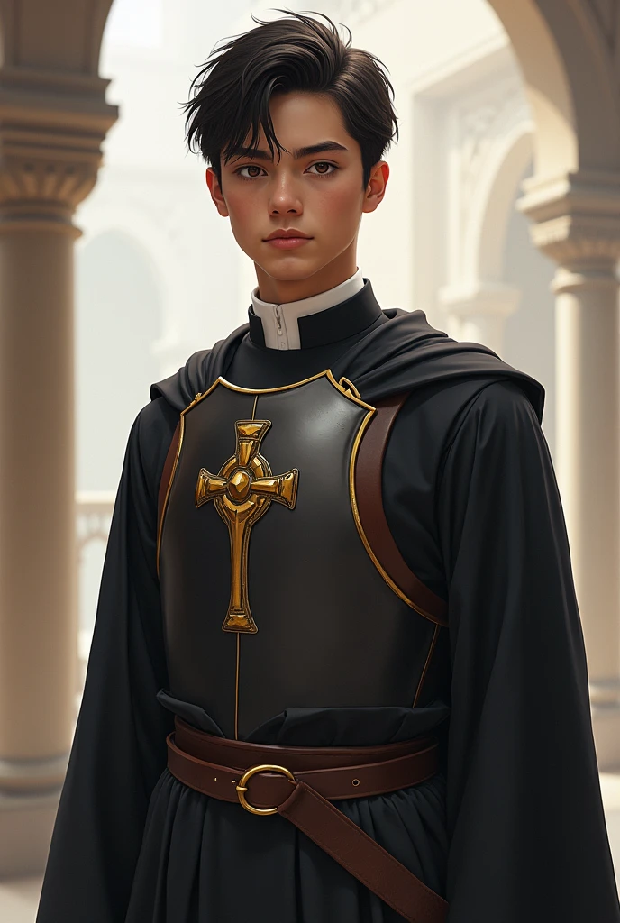 Young priest neatly dressed , chest armor no cape