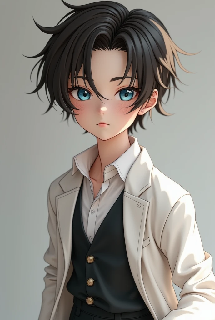 Anime drawing male porcelain doll age 25, he is life like. He has dark brown hair, bright blue eyes and is wearing a white suit top, black vest and pants, he has a 
Neutral expression with golden freckles. 