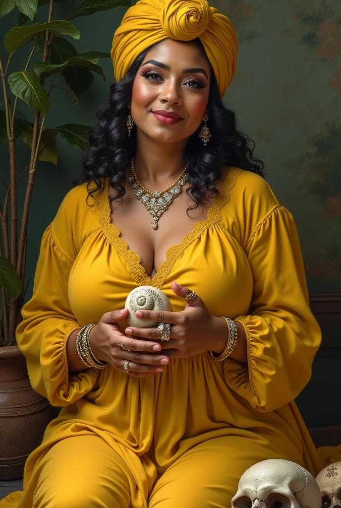 Lady between 30 and 35 years old, leather beige, sitting, chubby girl in a yellow dress, with Cuban ancestry, and yellow turban, with rings and snail shells in hand, and with skulls at the feet.