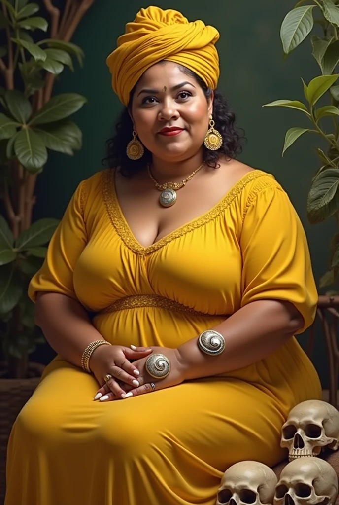 Lady between 30 and 35 years old, leather beige, sitting, chubby girl in a yellow dress, with Cuban ancestry, and yellow turban, with rings and snail shells in hand, and with skulls at the feet.