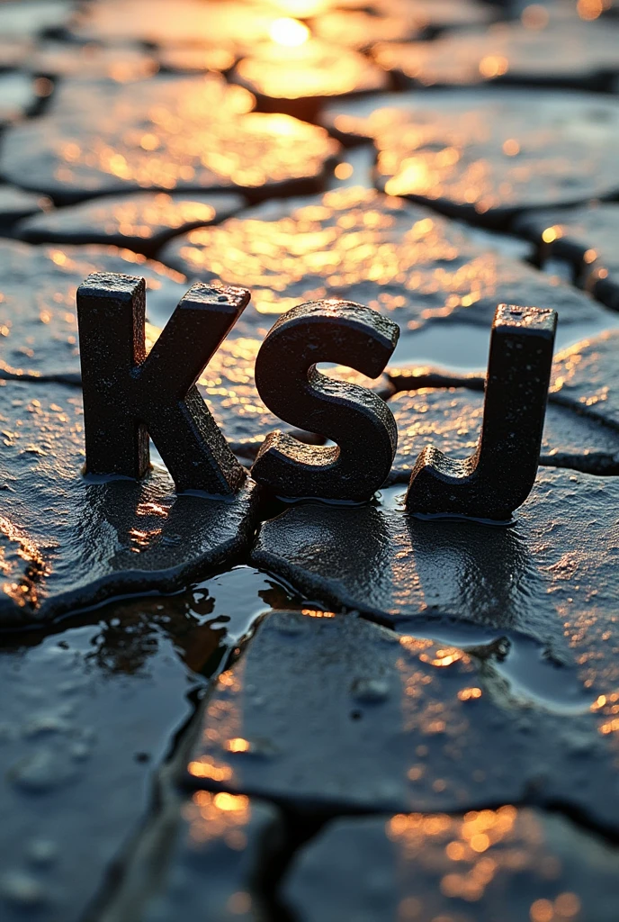 Create an image with a cracked stone background And black cracked letters with sunlight And let the letters be "KSJ"
With water