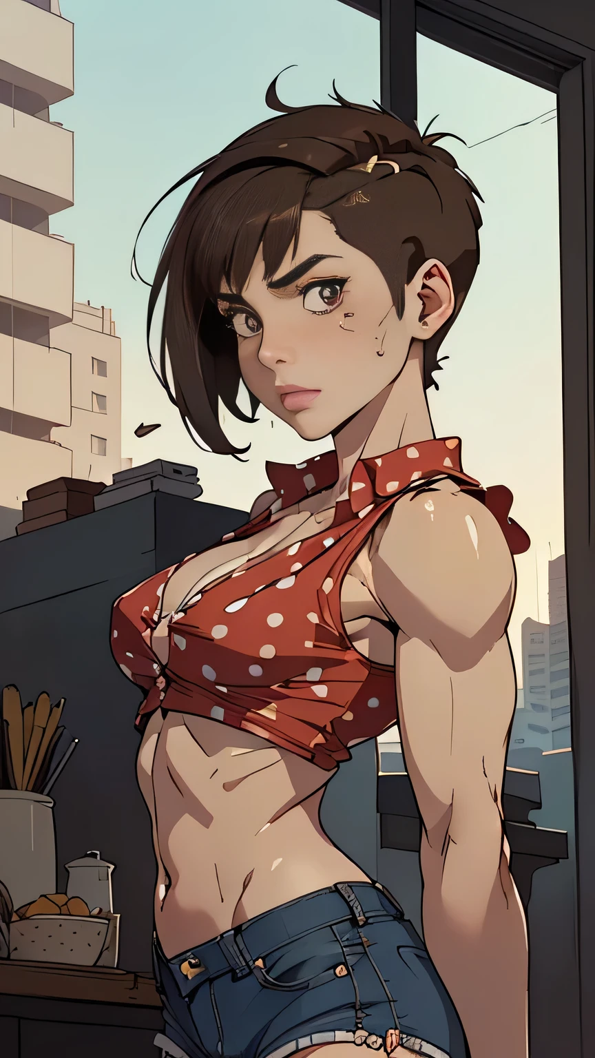 photo of mlp Meowko, RAW, beautiful woman, ((portrait)), ((detailed face:1.2)), ((anime face, anime facial feature, beautiful anime mouth, clear skin, clear skin), (short messy haircut, one shaved side, brunette: 1.55), (perfect proportioned body, Strong, muscular, narrow waist, narrow hips, skinny, large breastsch back, wearing red polka dot half shirt and cut-off daisy duke jean shorts that are unbuttoned, no underwear)) (high detailed city environment, apartment reaching high for a top shelf, her arms above head), (realistic photo, best quality, detailed), (8k wallpaper), (cinematic lighting, beautiful light, (day:1.3)) (sharp focus, intricate)