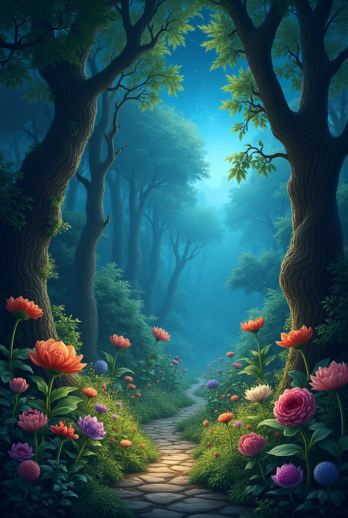 Enchanted forest garden with flowers and starry sky

