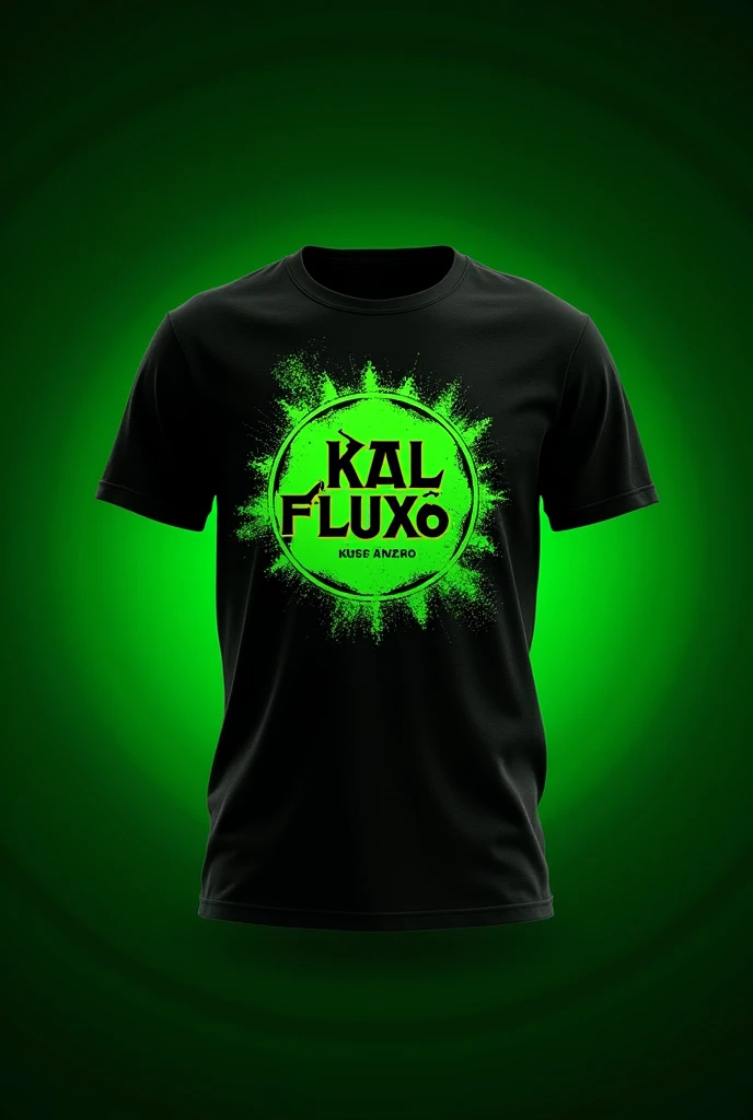 Create a T-shirt emblem image with a fluorescent green background with the words KAL FlUXo