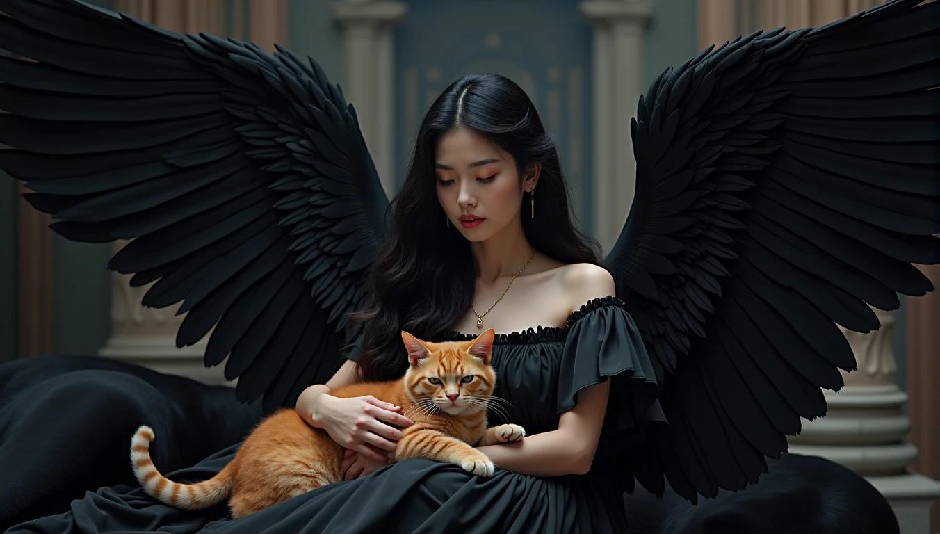a intense kindness Asian thai woman 29yo.,wavy mullet hair, enigmatic, is dressed as a Greek-Roman angel with pitch-black wings, exuding power and awe. sHe laying in hug of a massive strong black panther that moves with silent grace. In her arms, creating a tender contrast against the dark roman architecture backdrop, highlights the juxtaposition of the imposing panther and she hug a chubby orange cat, blending power with tenderness and mystery
