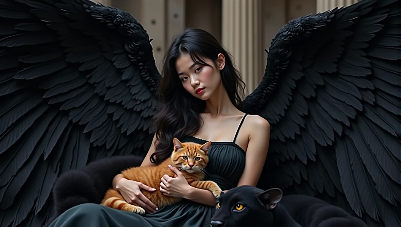a intense kindness Asian thai woman 29yo.,wavy mullet hair, enigmatic, is dressed as a Greek-Roman angel with pitch-black wings, exuding power and awe. sHe laying in hug of a massive strong black panther that moves with silent grace. In her arms, creating a tender contrast against the dark roman architecture backdrop, highlights the juxtaposition of the imposing panther and she hug a chubby orange cat, blending power with tenderness and mystery