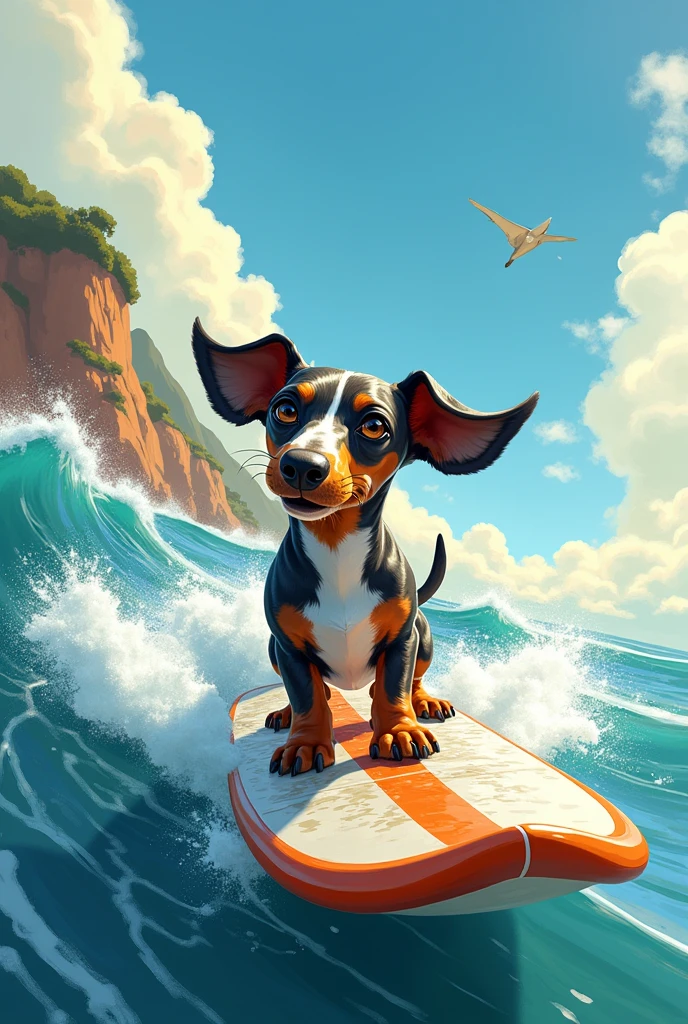 Illustration of a harlequin dachshund with grey spots, white and brown windsurfing