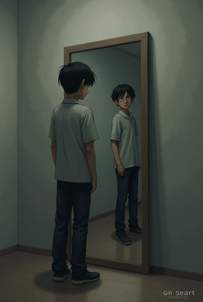 Make a picture of A student looking into a mirror, with a distressed reflection showing signs of bullying, but the real student is calm and confident.