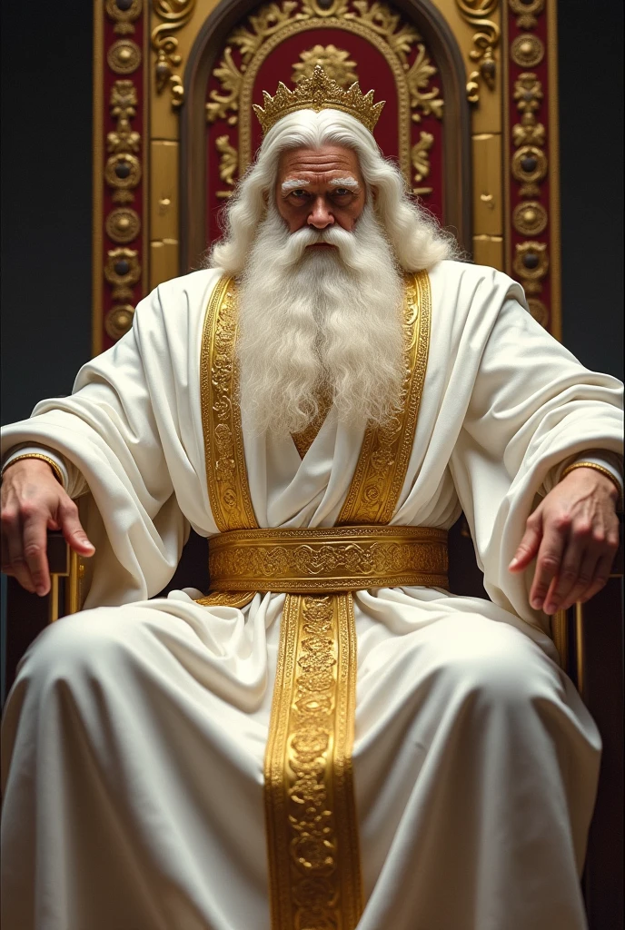 a strong and powerful man, with white hair and a big white beard, with white robes, with a golden belt and a golden crown on his head sitting on an exalted throne