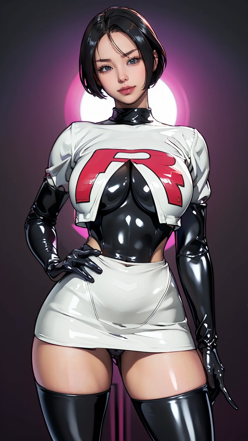 (masterpiece, Highest quality, In 8K, Very detailed, High resolution, Realistic:1.2), (Latex Team Rocket uniform:1.3), (smilingly, Narrow-eyed Japanese face:1.2), (Black Hair, Bob Hair:1.2), (Cowboy Shot:1.3), (20 year old Japanese woman:1.2), (Shorten your skirt:1.3), (Black patent leather gloves, Black patent leather long boots:1.2), (Upper body is thin:1.4), (flattening the chest, Enhance the :1.2), (Thicken your thighs:1.3), (Small waist, Wriggle your hips:1.2), (Panty sBlack latex panties:1.3)