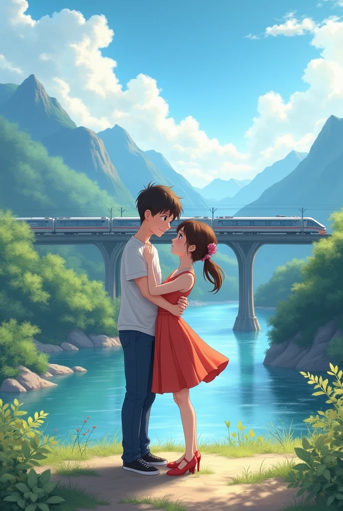 A boy and a girl are standing together. The boy has lifted the girl by holding her waist and in the background there is a river, mountains and a bridge over which a train is passing and the weather is clear and full of clouds.