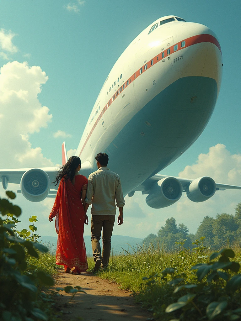 There is a very big aeroplane and there is a 22 year old Indian boy and he has a girlfriend who is wearing a red coloured saree both are above the aroplane and the garden is settled on the aroplane the girl is walking the little shy  and the boyfriend is behind him. HD Ultra realistic art image