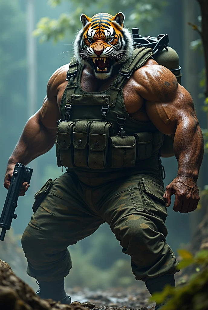 (a dark-skinned fat muscular old man in camouflage diver suit) carrying a gun in right hand, (wearing realistic roaring tiger mask), dynamic action pose, fierce expression, showcasing an imposing stature, surrounded by military elements, dramatic shadows and intense highlights, cinematic color tones, high detail, powerful, art influenced by Bruce Onobrakpeya and Stanley Artgerm, ultra-detailed, best quality image, action-packed atmosphere. fighting stance