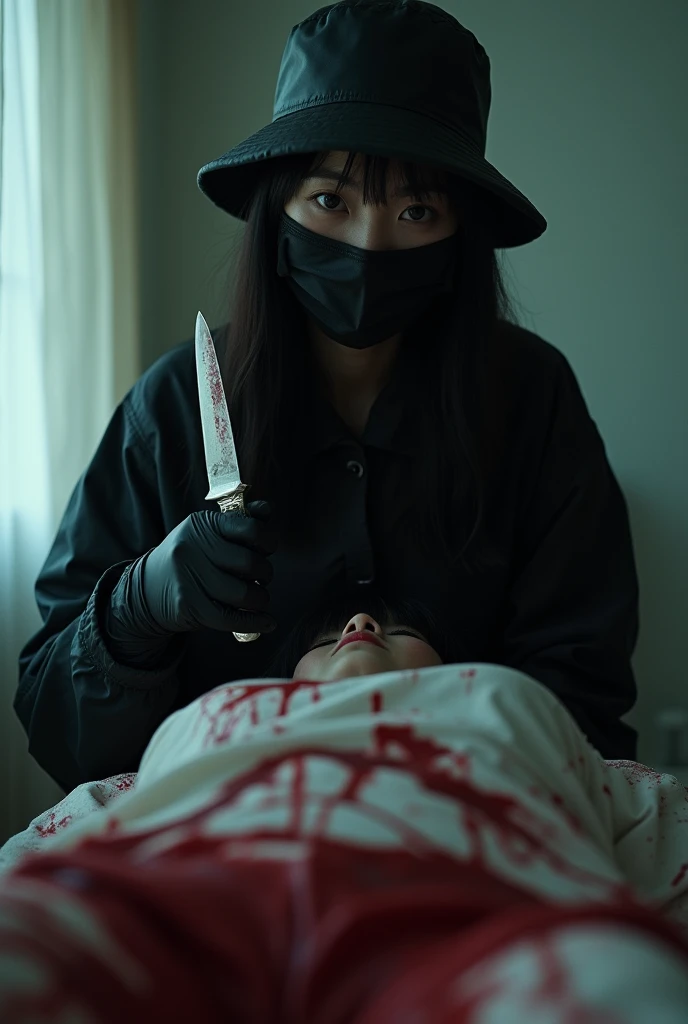 korean girl, (behind corpse, holding knife), black surgical mask, black gloves, room full of blood, black raincoat, bucket hat, holding knife, black gloves, woman on top, behind corpse, blood splatter, on the bed, mass murderer, killer, long bangs, blood splatter, dark atmosphere, cinematic lighting, atmospheric realistic, light from the window, close-up,
