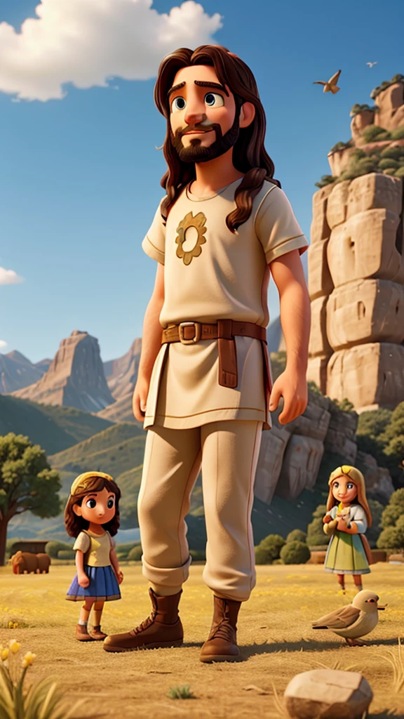 create Jesus from the biblical story.
with 2 girls.
in a field, with mountains in the background and birds.
Disney Pixar 3D style