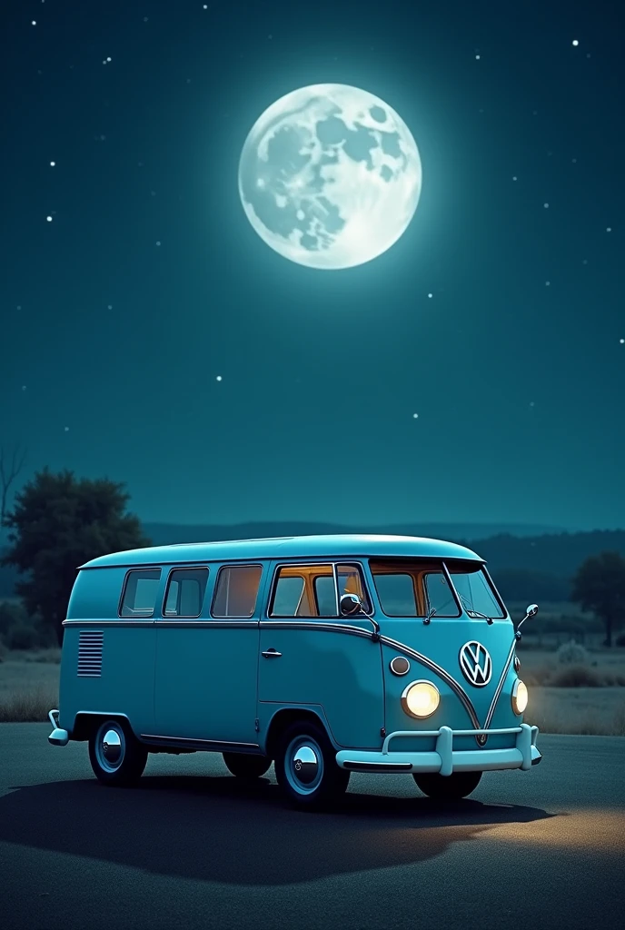 A light blue Volkswagen combi under the full moon