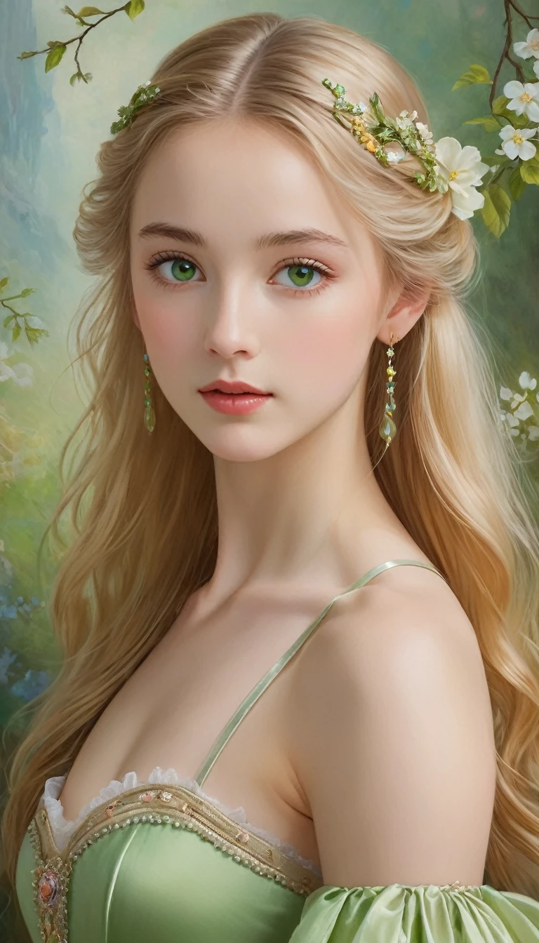 (High resolution,masterpiece:1.2),(Realistic:1.37)"(Highest quality, High resolution, Very detailed, Realistic),A beautiful portrait of a -yeld Scish ballet dancer from the 19th century, (She is half Scottish and half Japanese.., She is a beautiful woman with green eyes and a long nose..:1.1), Beautiful ballet costumes, Detailed facial features, Long and graceful neck, Diamond Necklaces, Flowing blonde hair, Calm and graceful posture, Soft and delicate lighting, Classical Oil Painting Medium, Vibrant colors, Delicate background with spring motifs", Dreamy atmosphere, Surrealism,Mysterious Aura
