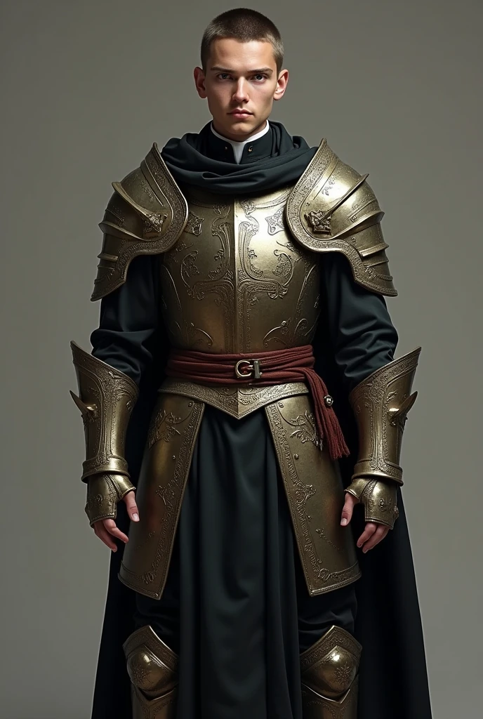 Young priest neatly dressed , chest armor no cloak armor on arms and legs