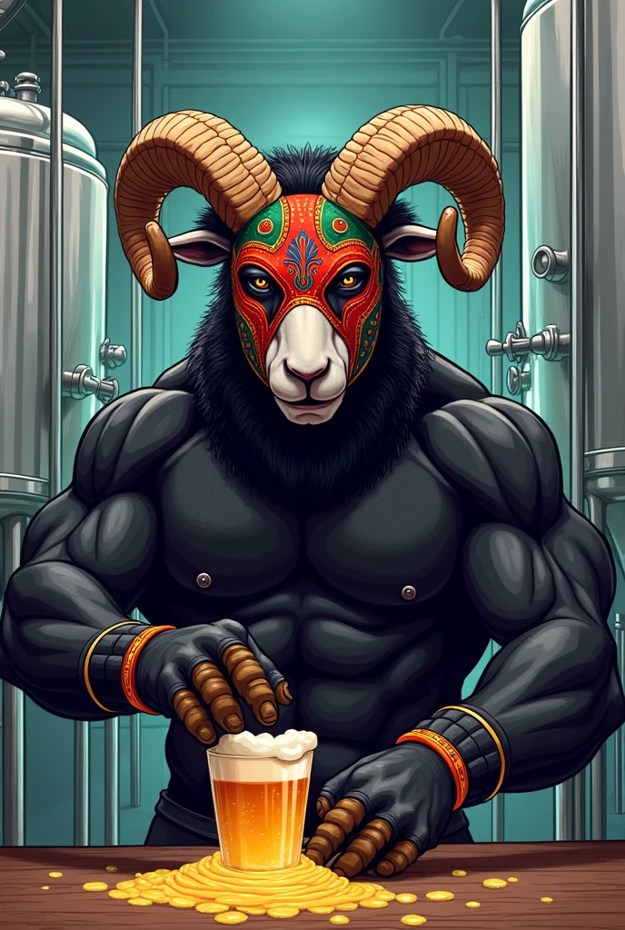 An illustration of a black sheep in human form, Athletic body and Mexican wrestler mask preparing craft beer with stainless steel fermenters in the background