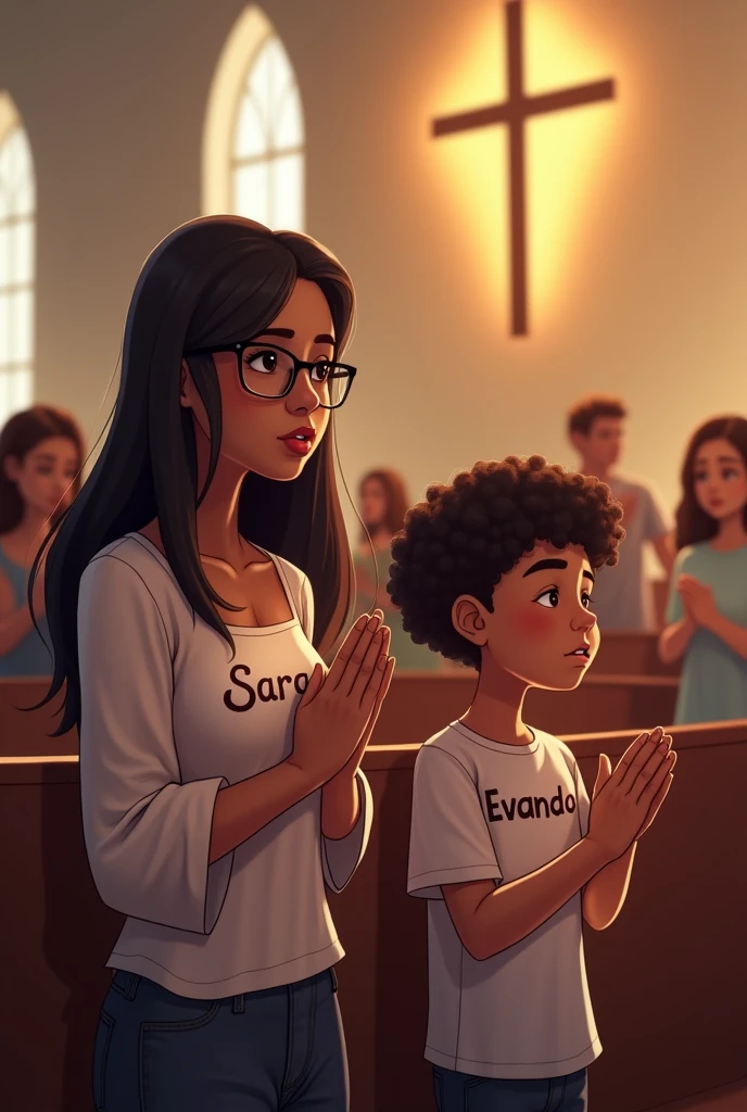  with long straight hair with a blouse that says sara and glasses worshiping God in the evangelical church with a white boy with curly hair with a shirt that says evando 